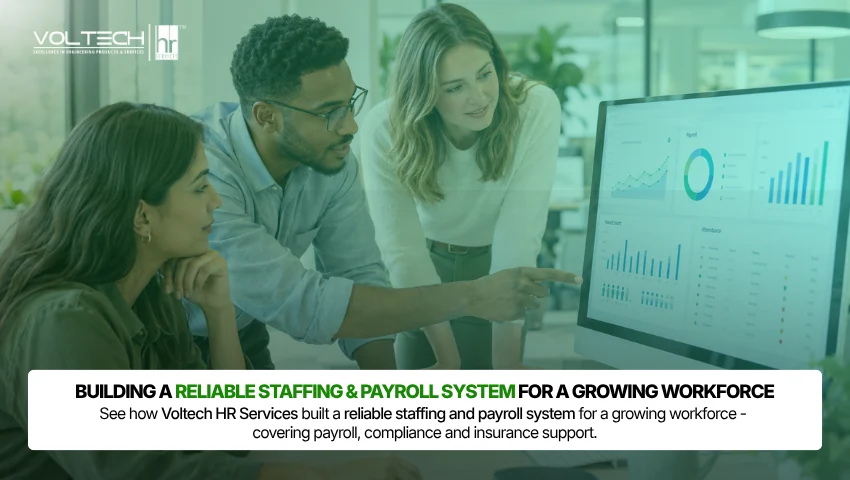HR team reviewing a staffing and payroll system dashboard for a growing workforce