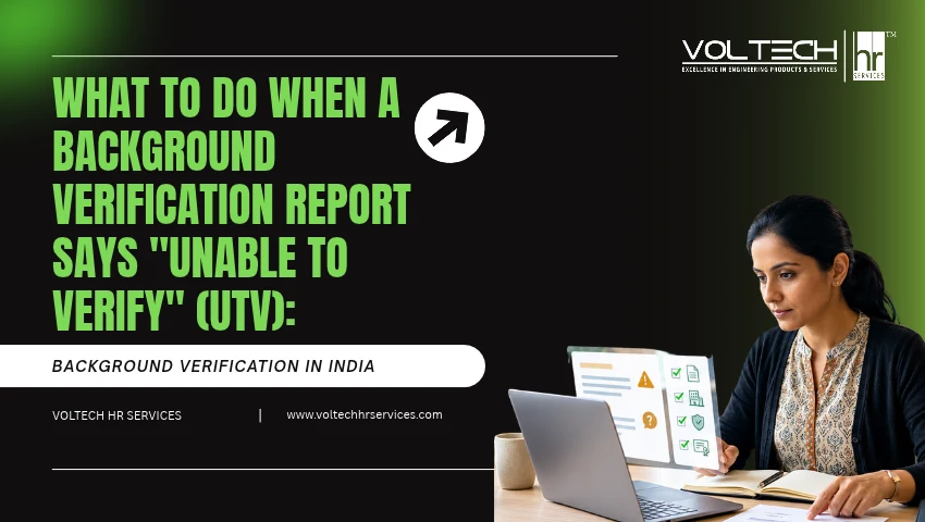 HR manager reviewing a background verification report with an amber Unable to Verify status beside a secondary verification checklist