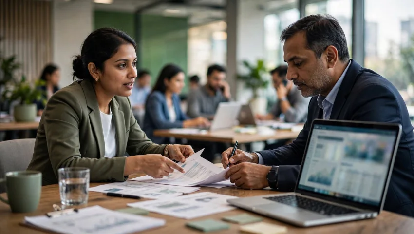 HR consultant and client discussing workforce requirements and headcount planning