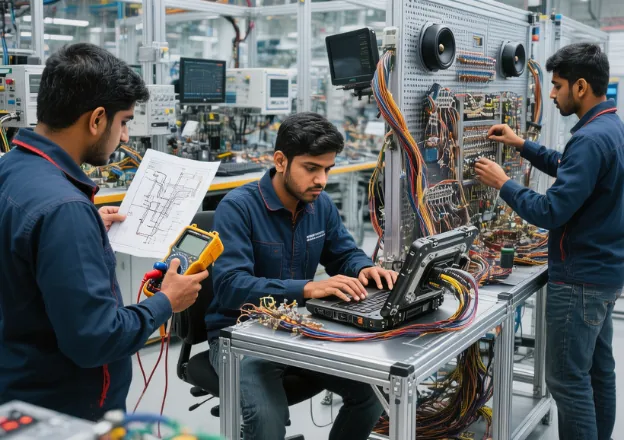 Industrial automation technicians working in a Lithuania factory